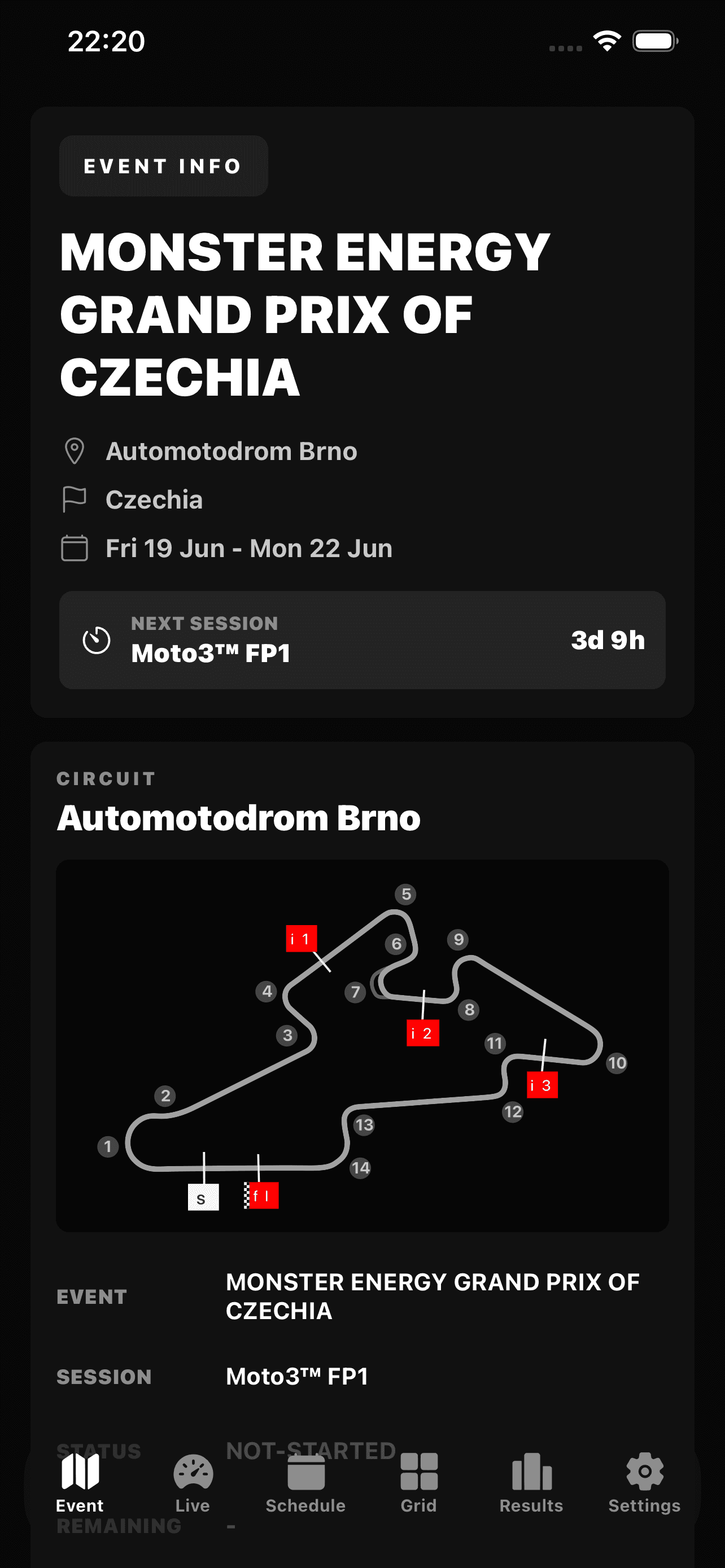MotoTiming event overview screen