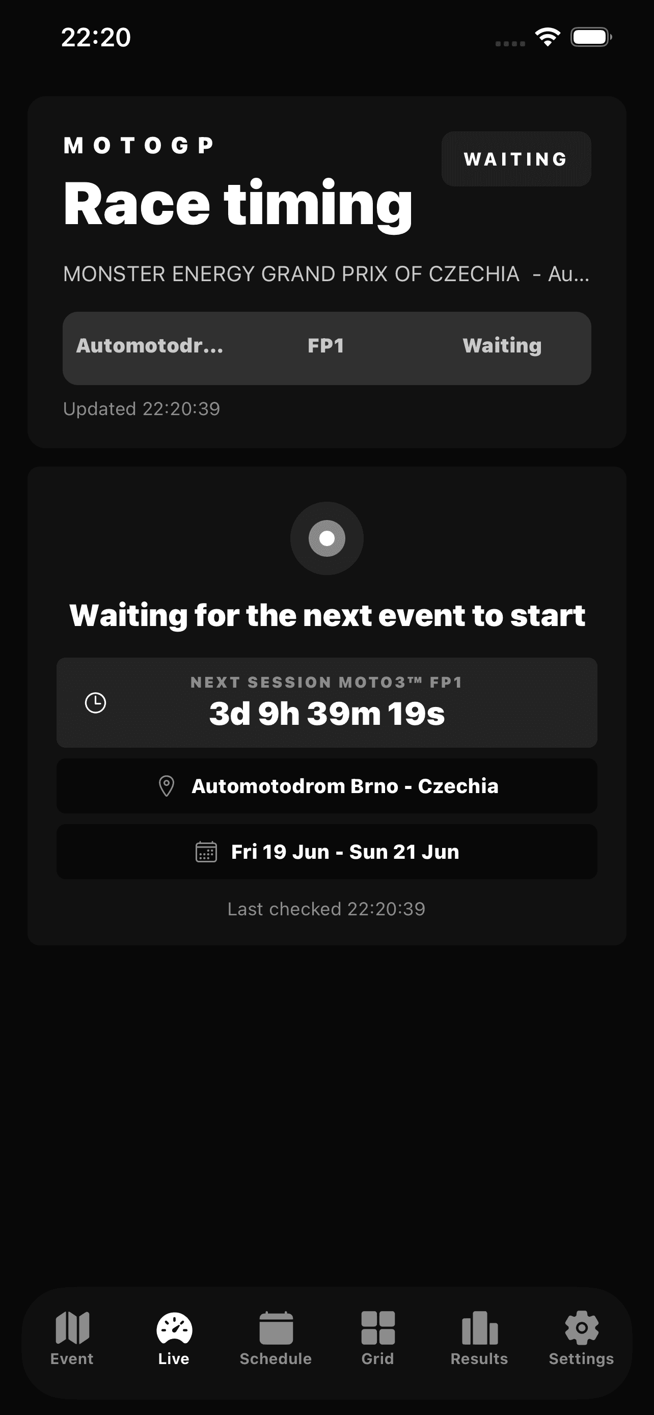 MotoTiming live timing screen
