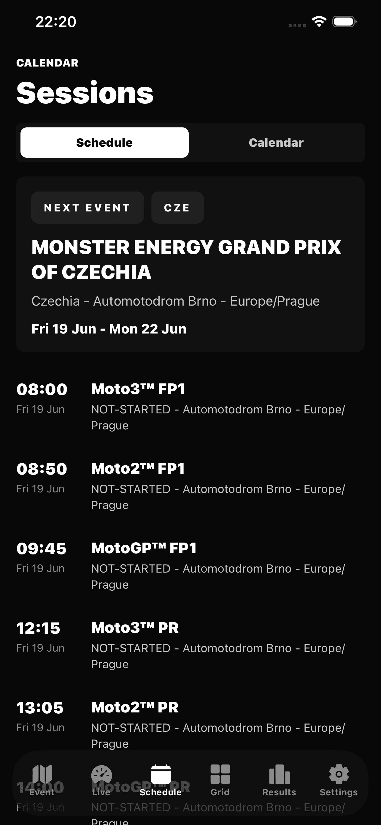 MotoTiming weekend schedule screen