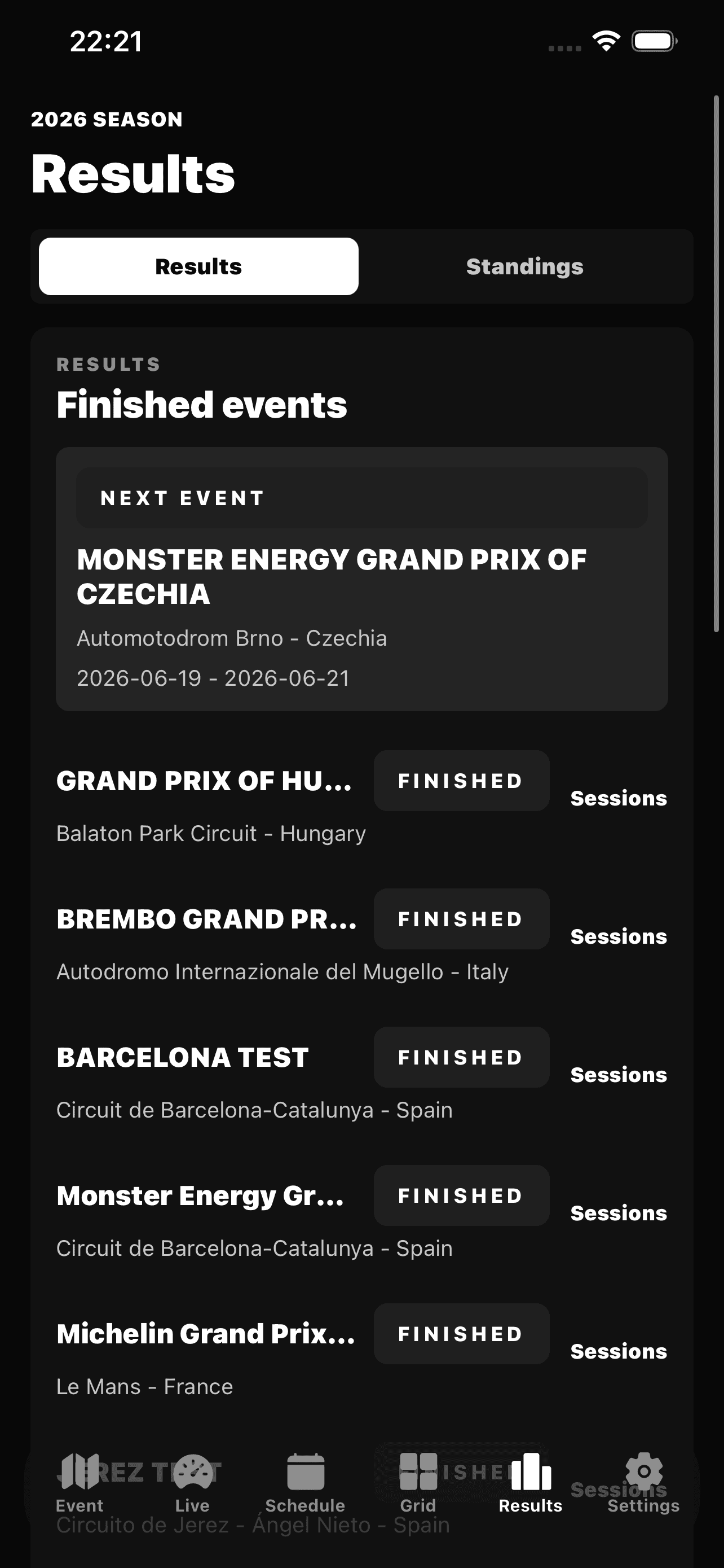 MotoTiming results hub screen