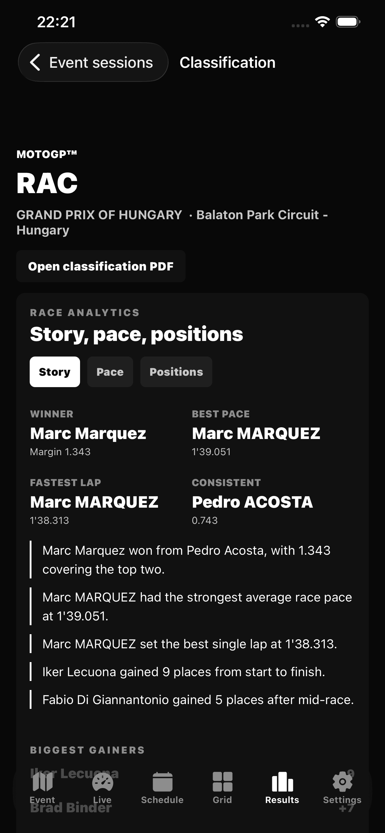 MotoTiming race analytics story screen