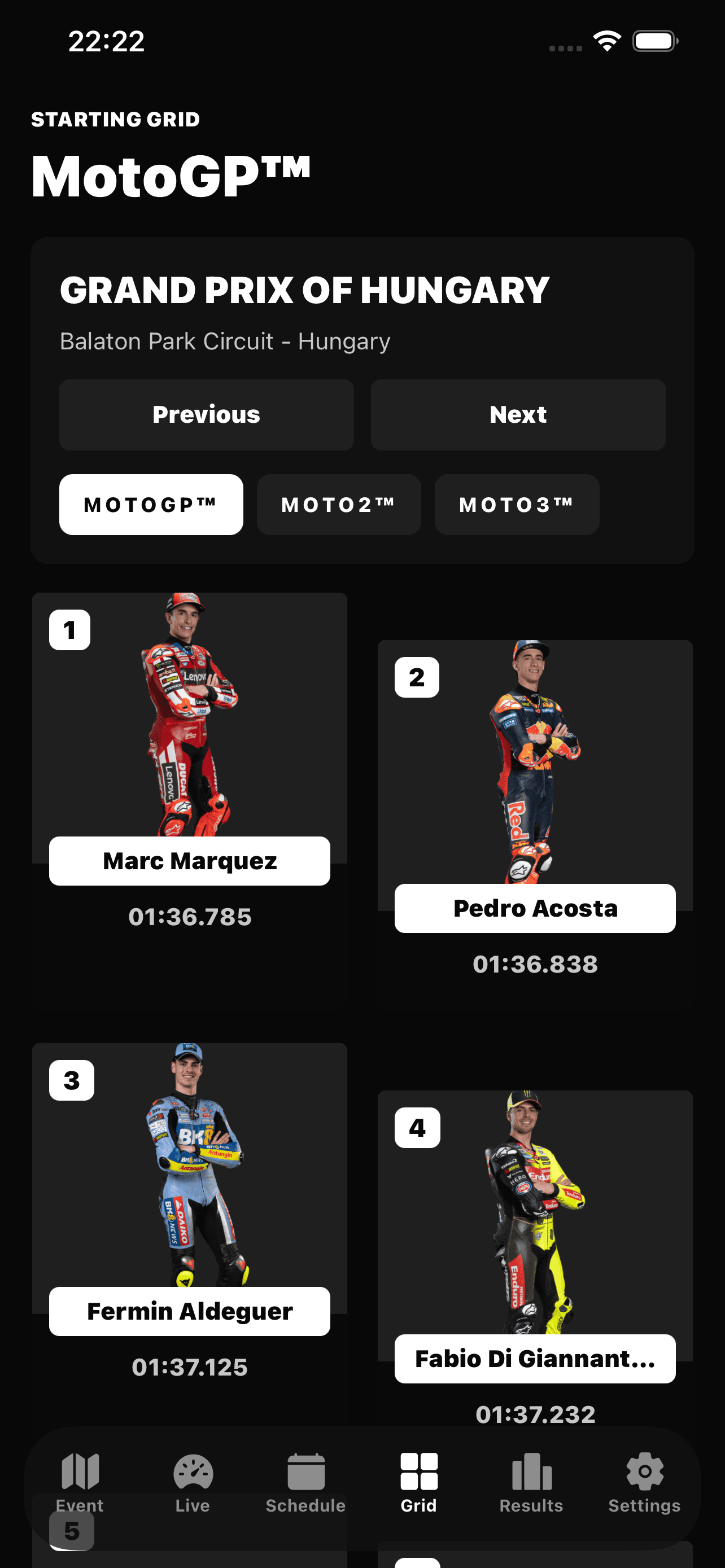MotoTiming starting grid screen